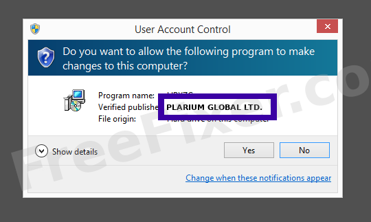 Screenshot where PLARIUM GLOBAL LTD. appears as the verified publisher in the UAC dialog